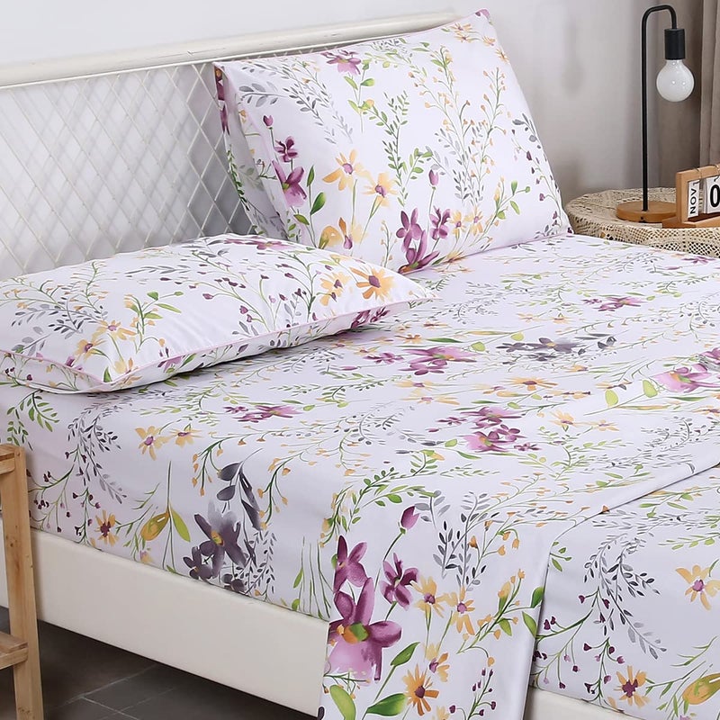 URBONUR Garden Floral Sheets Set 4-Pieces Egyptian Cotton Luxurious Bedding Sheet Set Soft Silky Crisp Percale Sheets Shabby Chic Flowers Bed Linen Set (4Pcs  Queen Size) - Image 3